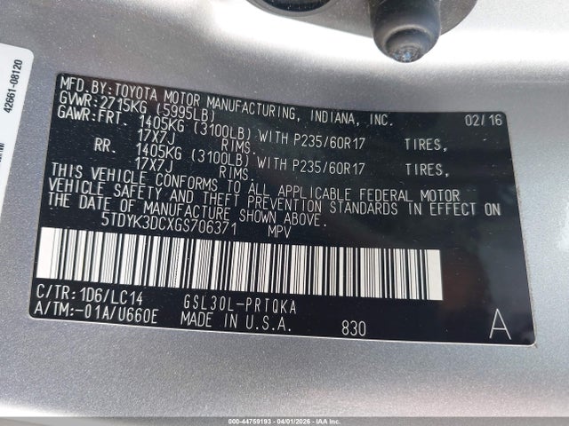 5TDYK3DCXGS706371 Toyota Sienna Xle 8 Passenger