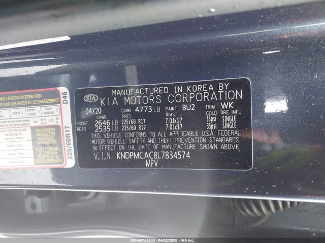 2020 Kia Sportage Lx მანქანა იყიდება აუქციონზე, vin: KNDPMCAC8L7834574, აუქციონის ნომერი: 44759199