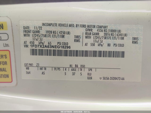 Aukcja sprzedaży 2022 Ford F-250 Xl, vin: 1FD7X2A63NEG18296, numer aukcji: 44759208