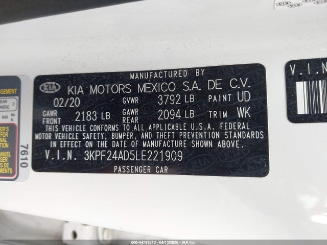 Aukcja sprzedaży 2020 Kia Forte Lxs, vin: 3KPF24AD5LE221909, numer aukcji: 44759213