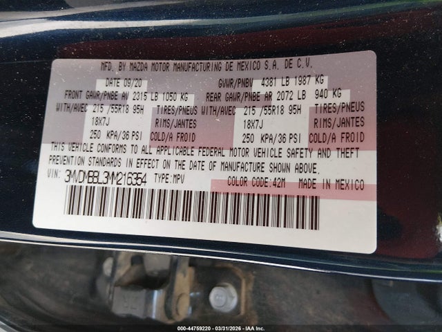44759220 :رقم المزاد ، 3MVDMBBL3MM216354 vin ، 2021 Mazda Cx-30 Select مزاد بيع