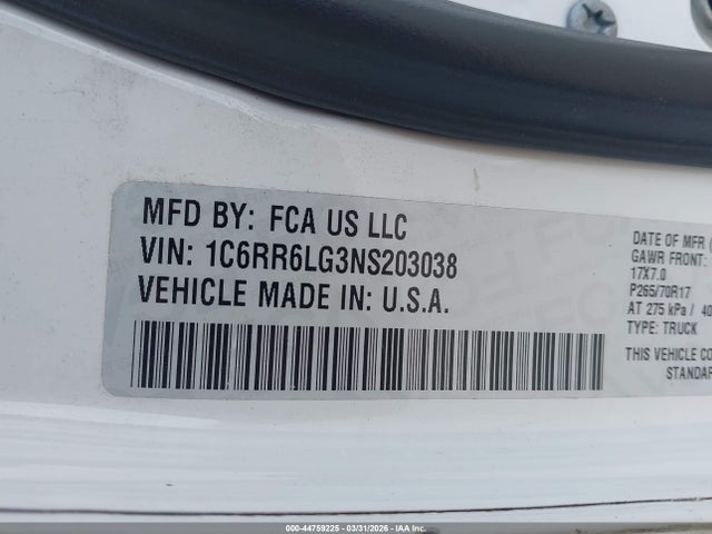 Продаж на аукціоні авто 2022 Ram 1500 Classic, vin: 1C6RR6LG3NS203038, номер лоту: 44759225