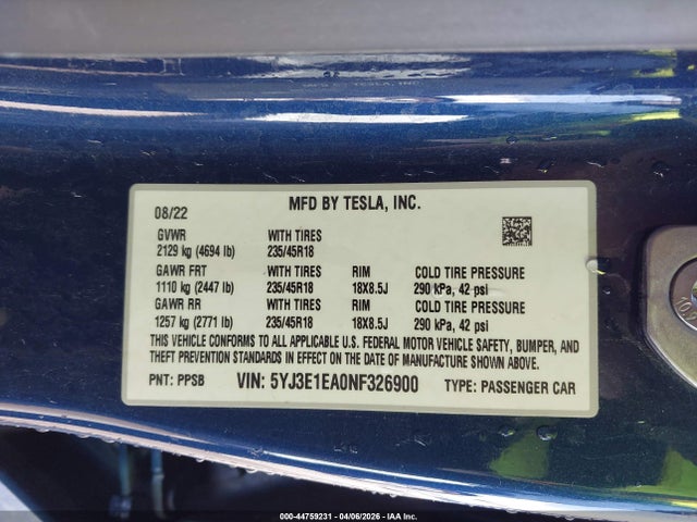 2022 Tesla Model 3 Rear-wheel Drive მანქანა იყიდება აუქციონზე, vin: 5YJ3E1EA0NF326900, აუქციონის ნომერი: 44759231