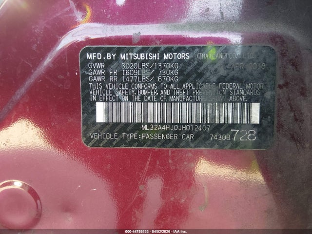 Продаж на аукціоні авто 2018 Mitsubishi Mirage Se, vin: ML32A4HJ0JH012407, номер лоту: 44759233