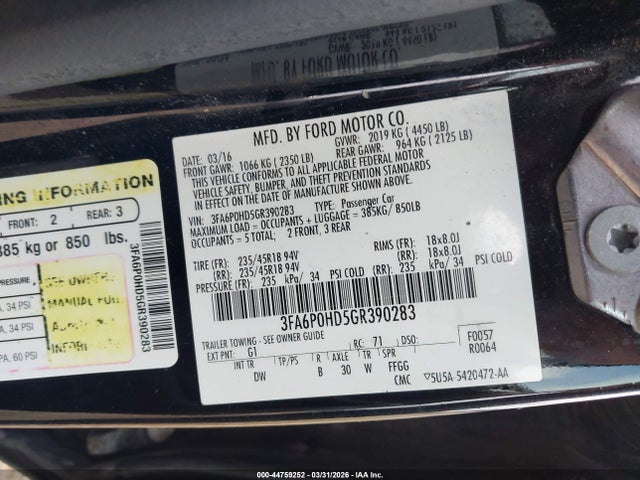 2016 Ford Fusion Se მანქანა იყიდება აუქციონზე, vin: 3FA6P0HD5GR390283, აუქციონის ნომერი: 44759252