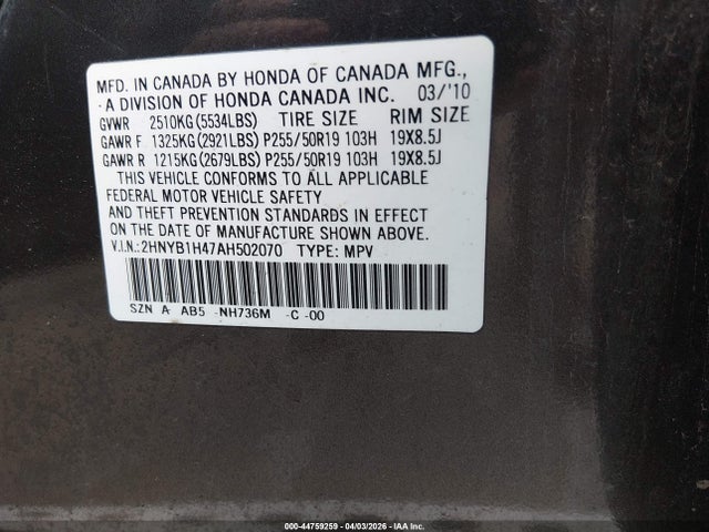 Aukcja sprzedaży 2010 Acura Zdx, vin: 2HNYB1H47AH502070, numer aukcji: 44759259