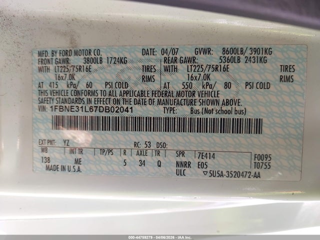 Aukcja sprzedaży 2007 Ford E-350 Super Duty Xl/xlt, vin: 1FBNE31L67DB02041, numer aukcji: 44759279