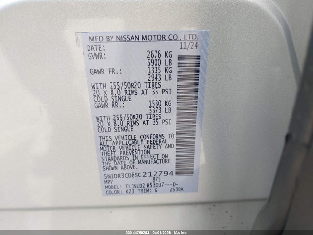 44759283 :رقم المزاد ، 5N1DR3CD8SC212794 vin ، 2025 Nissan Pathfinder Sl 4wd مزاد بيع