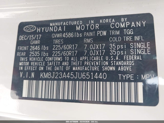 KM8J23A45JU651440 Hyundai TUCSON SE