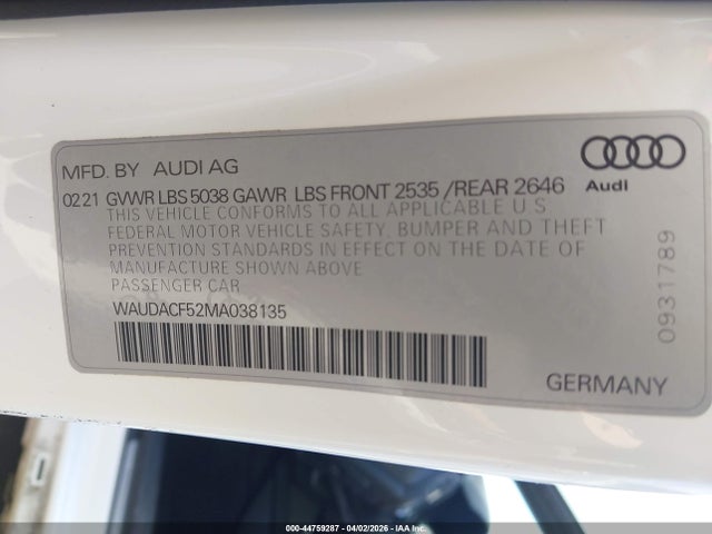44759287 :رقم المزاد ، WAUDACF52MA038135 vin ، 2021 Audi A5 Sportback Premium 45 Tfsi Quattro S Tronic مزاد بيع