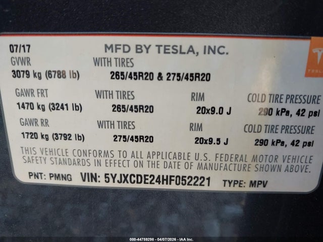 Aukcja sprzedaży 2017 Tesla Model X 100d/75d/90d, vin: 5YJXCDE24HF052221, numer aukcji: 44759298
