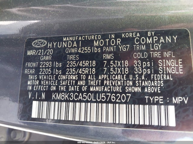 44759304 :رقم المزاد ، KM8K3CA50LU576207 vin ، 2020 Hyundai Kona Limited مزاد بيع