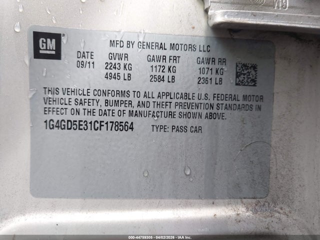 2012 Buick Lacrosse Premium 1 Group მანქანა იყიდება აუქციონზე, vin: 1G4GD5E31CF178564, აუქციონის ნომერი: 44759305