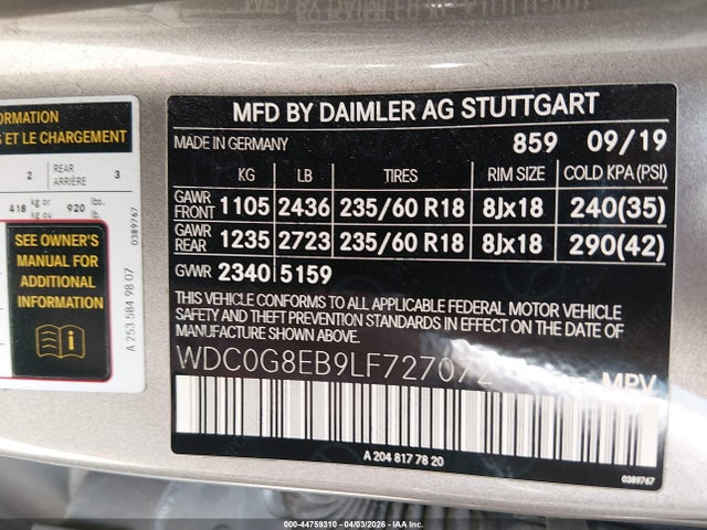 Aukcja sprzedaży 2020 Mercedes-benz Glc 300 4matic, vin: WDC0G8EB9LF727072, numer aukcji: 44759310