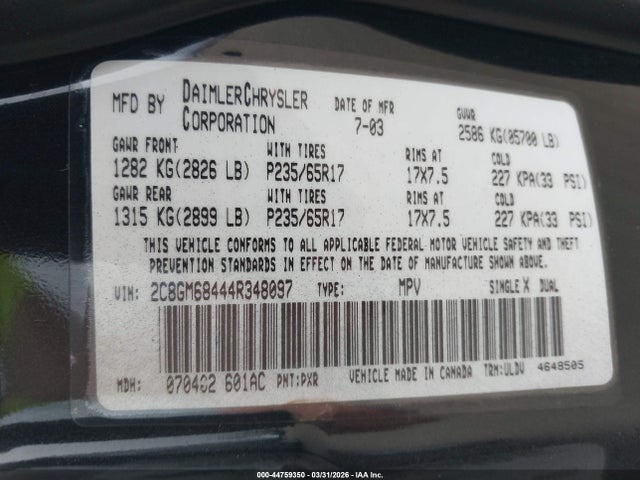 Aukcja sprzedaży 2004 Chrysler Pacifica, vin: 2C8GM68444R348097, numer aukcji: 44759350