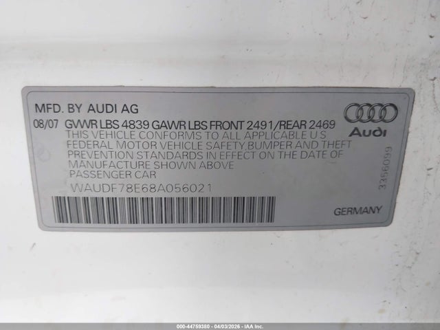 2008 Audi A4 2.0t მანქანა იყიდება აუქციონზე, vin: WAUDF78E68A056021, აუქციონის ნომერი: 44759380