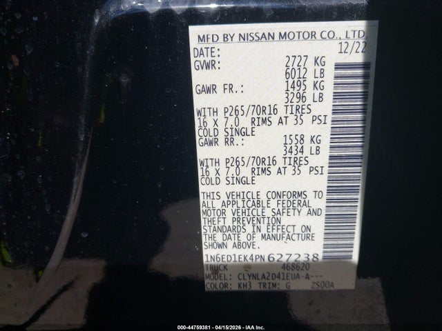 2023 Nissan Frontier S 4x4 მანქანა იყიდება აუქციონზე, vin: 1N6ED1EK4PN627238, აუქციონის ნომერი: 44759381