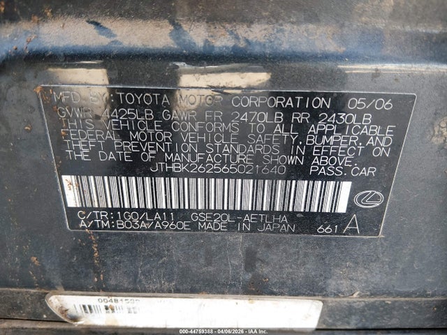 44759388 :رقم المزاد ، JTHBK262565021640 vin ، 2006 Lexus Is 250 مزاد بيع