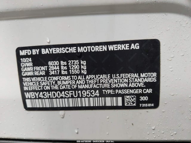 Aukcja sprzedaży 2025 Bmw I4 Gran Coupe Xdrive40, vin: WBY43HD04SFU19534, numer aukcji: 44759395