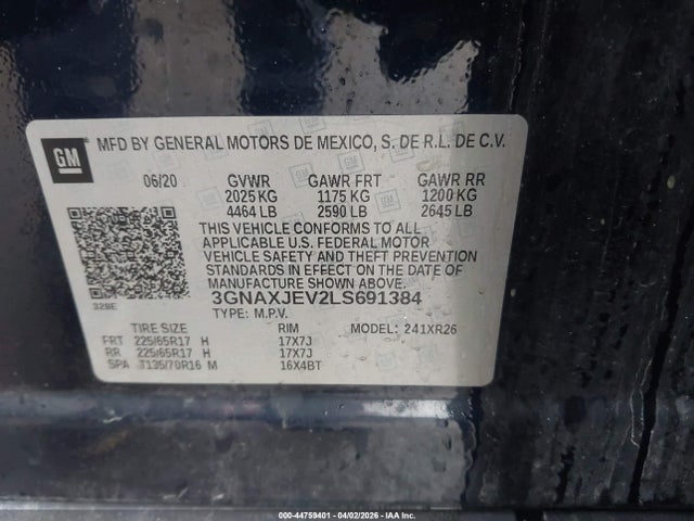 Aukcja sprzedaży 2020 Chevrolet Equinox Fwd 2fl, vin: 3GNAXJEV2LS691384, numer aukcji: 44759401