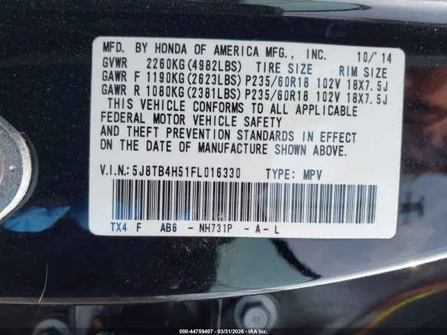 Aukcja sprzedaży 2015 Acura Rdx, vin: 5J8TB4H51FL016330, numer aukcji: 44759407