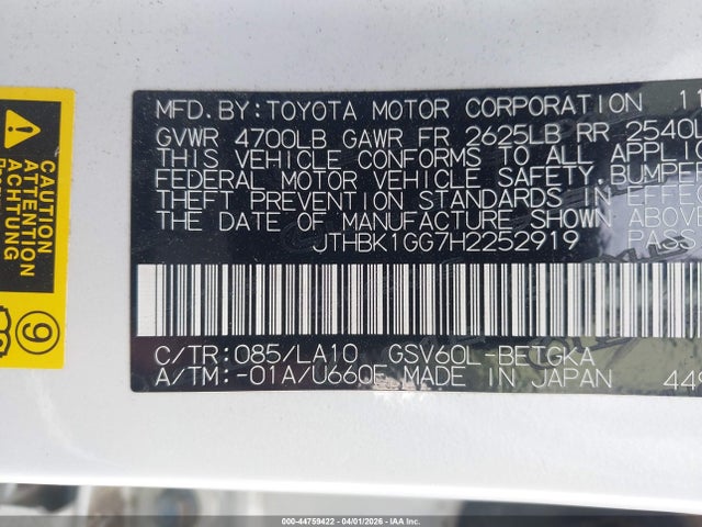 Auction sale of the 2017 Lexus Es 350, vin: JTHBK1GG7H2252919, lot number: 44759422
