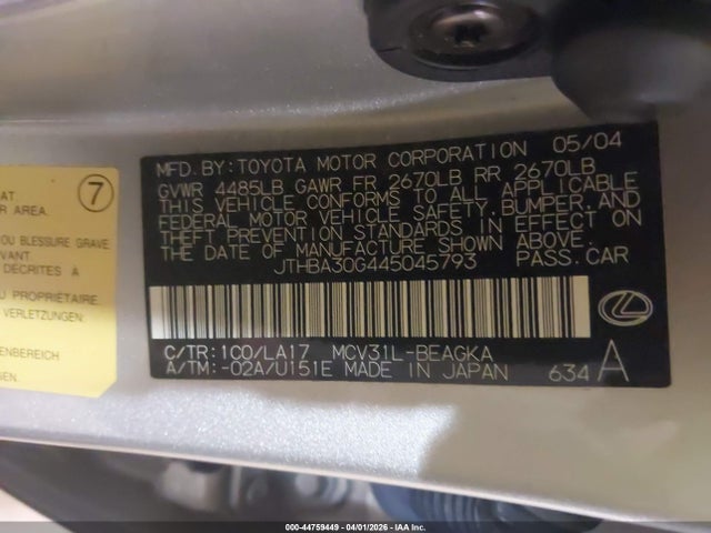 2004 Lexus Es 330 მანქანა იყიდება აუქციონზე, vin: JTHBA30G445045793, აუქციონის ნომერი: 44759449