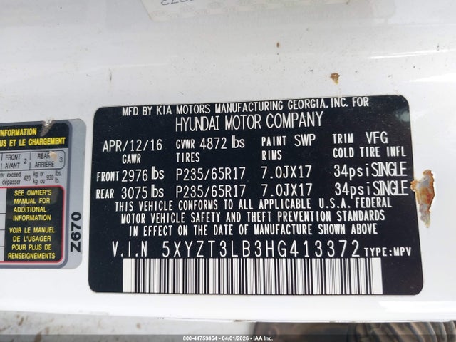 2017 Hyundai Santa Fe Sport 2.4l მანქანა იყიდება აუქციონზე, vin: 5XYZT3LB3HG413372, აუქციონის ნომერი: 44759454