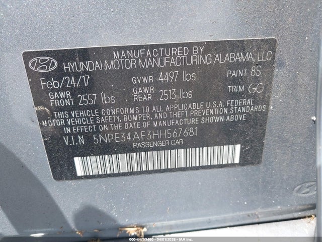 2017 Hyundai Sonata Sport მანქანა იყიდება აუქციონზე, vin: 5NPE34AF3HH567681, აუქციონის ნომერი: 44759460