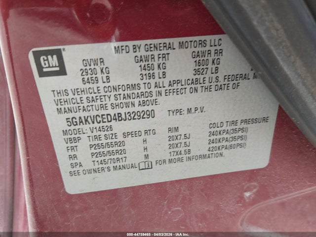Продажа на аукционе авто 2011 Buick Enclave 2xl, vin: 5GAKVCED4BJ329290, номер лота: 44759465