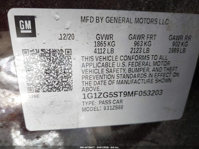 2021 Chevrolet Malibu Fwd Rs მანქანა იყიდება აუქციონზე, vin: 1G1ZG5ST9MF053203, აუქციონის ნომერი: 44759477