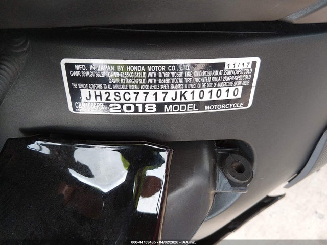 44759485 :رقم المزاد ، JH2SC7717JK101010 vin ، 2018 Honda Cbr1000 Rr مزاد بيع