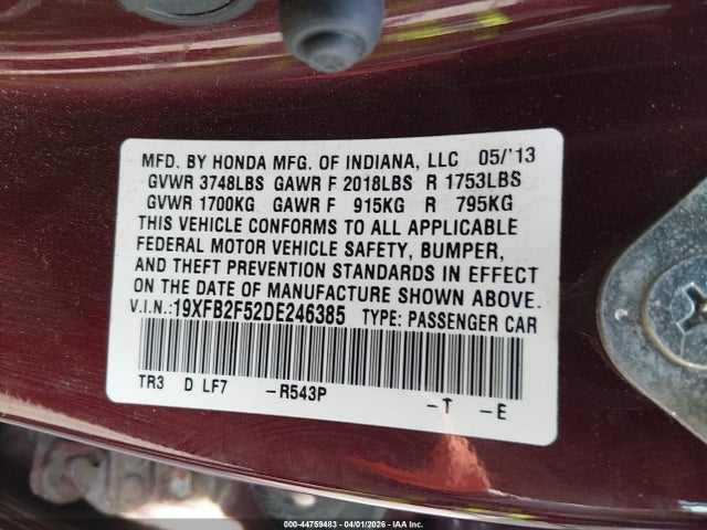 44759483 :رقم المزاد ، 19XFB2F52DE246385 vin ، 2013 Honda Civic Lx مزاد بيع