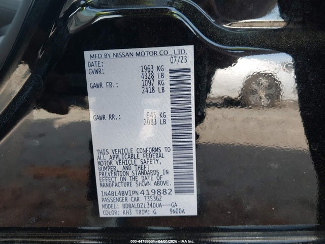 Продаж на аукціоні авто 2023 Nissan Altima S Fwd, vin: 1N4BL4BV1PN419882, номер лоту: 44759501