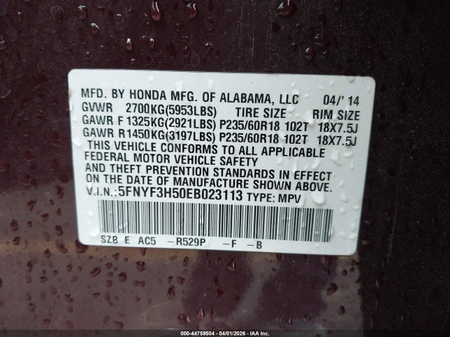 Honda Pilot Ex-l 2014 5FNYF3H50EB023113 Image 9