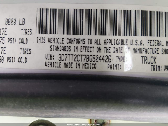 2011 Ram Ram 2500 St მანქანა იყიდება აუქციონზე, vin: 3D7TT2CT7BG504426, აუქციონის ნომერი: 44759513