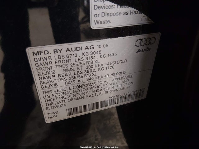 44759519 :رقم المزاد ، WA1AY74L39D027428 vin ، 2009 Audi Q7 3.6 Premium مزاد بيع