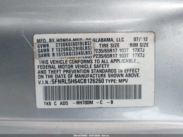 Aukcja sprzedaży 2012 Honda Odyssey Ex-l, vin: 5FNRL5H64CB126260, numer aukcji: 44759540