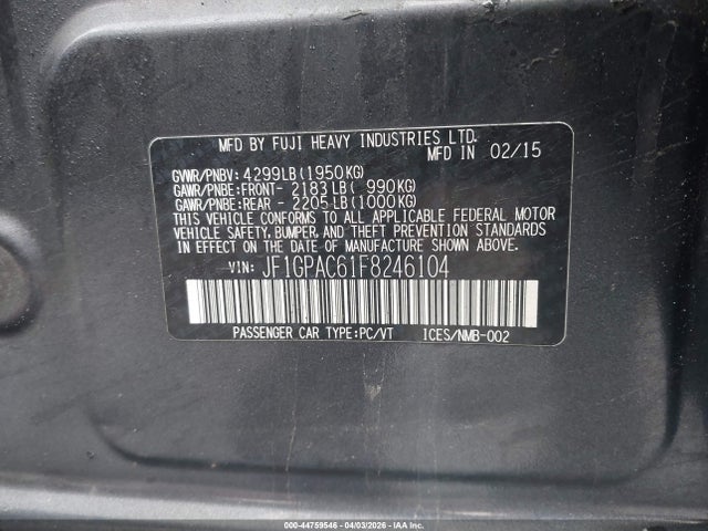 44759546 :رقم المزاد ، JF1GPAC61F8246104 vin ، 2015 Subaru Impreza 2.0i Premium مزاد بيع