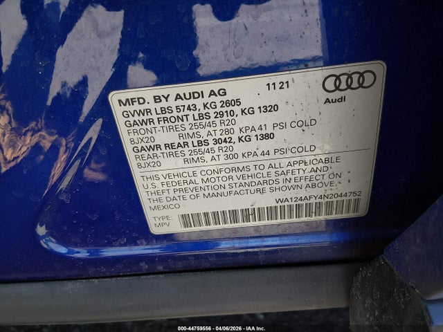 Aukcja sprzedaży 2022 Audi Sq5 Sportback Premium Plus Tfsi Quattro Tiptronic, vin: WA124AFY4N2044752, numer aukcji: 44759556