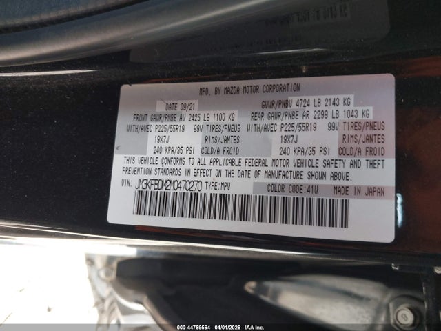 44759564 :رقم المزاد ، JM3KFBDM2M0470270 vin ، 2021 Mazda Cx-5 Grand Touring مزاد بيع