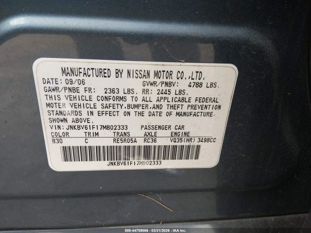 Aukcja sprzedaży 2007 Infiniti G35x, vin: JNKBV61F17M802333, numer aukcji: 44759566