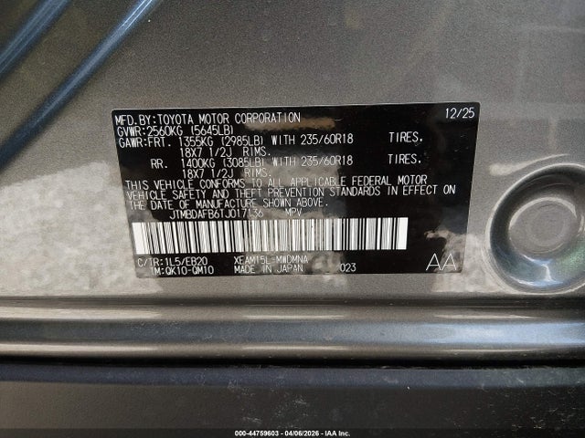 44759603 :رقم المزاد ، JTMBDAFB6TJ017136 vin ، 2026 Toyota Bz Xle مزاد بيع