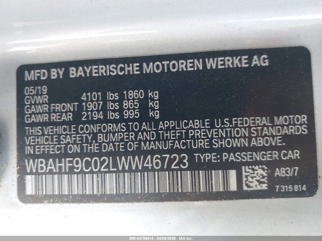 44759614 :رقم المزاد ، WBAHF9C02LWW46723 vin ، 2020 Bmw Z4 M40i مزاد بيع