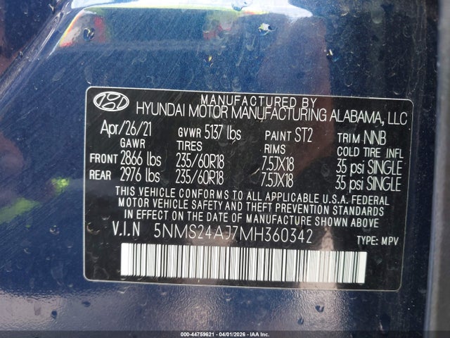 Aukcja sprzedaży 2021 Hyundai Santa Fe Sel, vin: 5NMS24AJ7MH360342, numer aukcji: 44759621