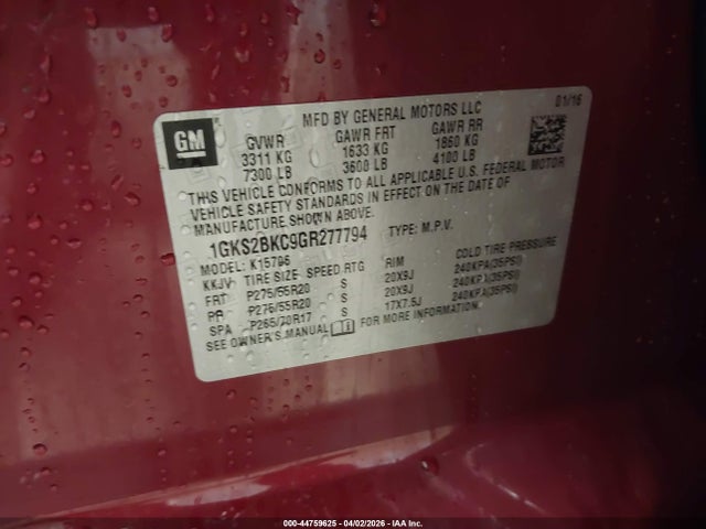 2016 Gmc Yukon Slt მანქანა იყიდება აუქციონზე, vin: 1GKS2BKC9GR277794, აუქციონის ნომერი: 44759625