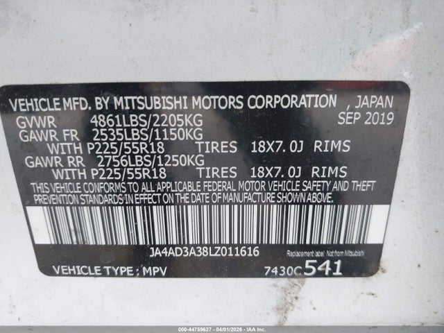44759627 :رقم المزاد ، JA4AD3A38LZ011616 vin ، 2020 Mitsubishi Outlander Se 2.4 مزاد بيع