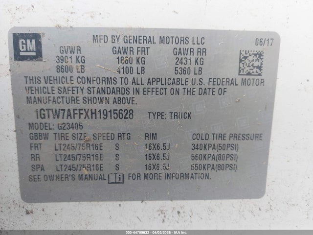 44759632 :رقم المزاد ، 1GTW7AFFXH1915628 vin ، 2017 Gmc Savana 2500 Work Van مزاد بيع