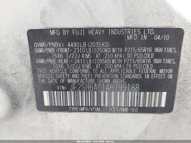 Продажа на аукционе авто 2010 Subaru Forester 2.5x, vin: JF2SH6AC1AH799188, номер лота: 44759635
