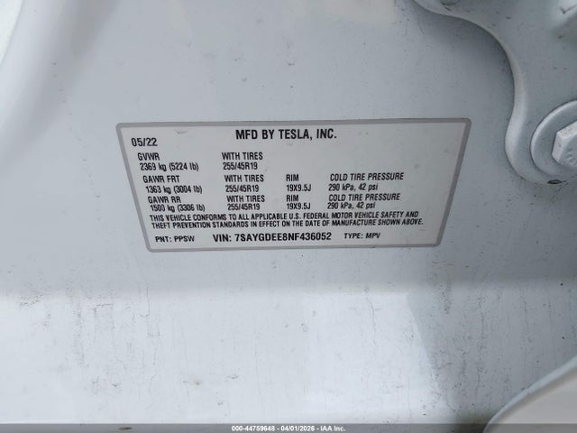 Aukcja sprzedaży 2022 Tesla Model Y Long Range Dual Motor All-wheel Drive, vin: 7SAYGDEE8NF436052, numer aukcji: 44759648